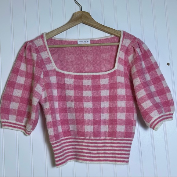 Vestique Brielle Plaid Puff Sleeve Sweater Pink Checkered Top Large Crop Fit - Picture 5 of 10
